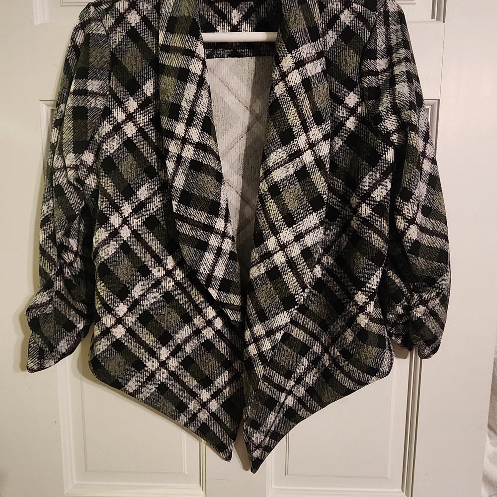 Plaid Open-Front Cardigan Jacket - Black, White, Olive